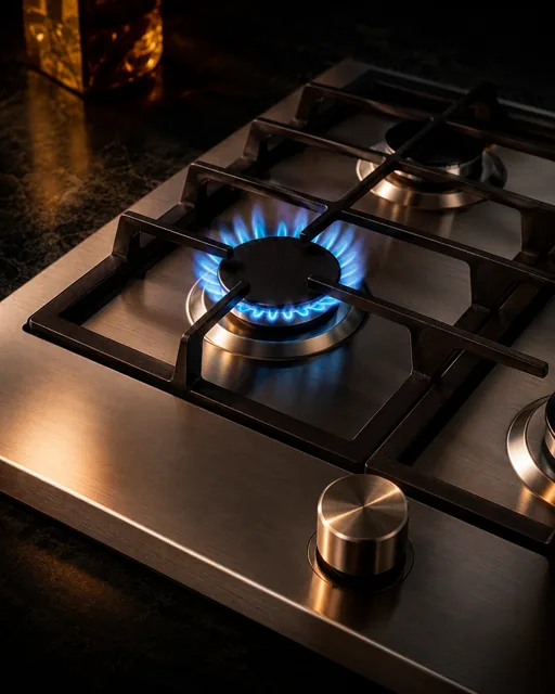 Cooktop a gás em inox com queimador aceso