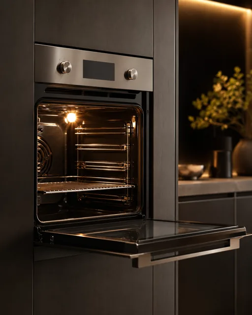 Forno elétrico embutido aberto em cozinha planejada