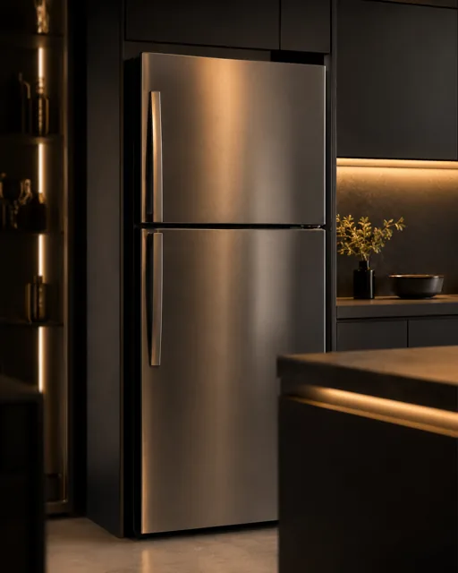 Refrigerador de inox embutido em cozinha de alto padrão