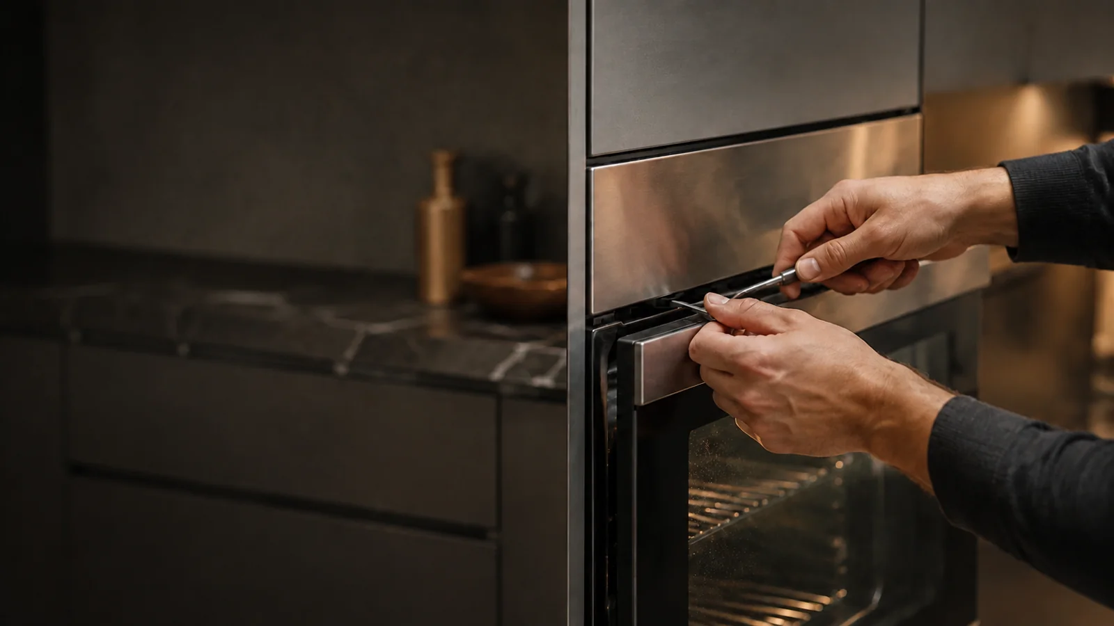 Técnico ajustando a porta de um forno embutido de inox em cozinha de alto padrão